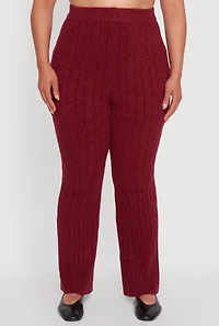 Womens Plus Size High Waisted Cable Knit Pants, Burgundy, Size 2X