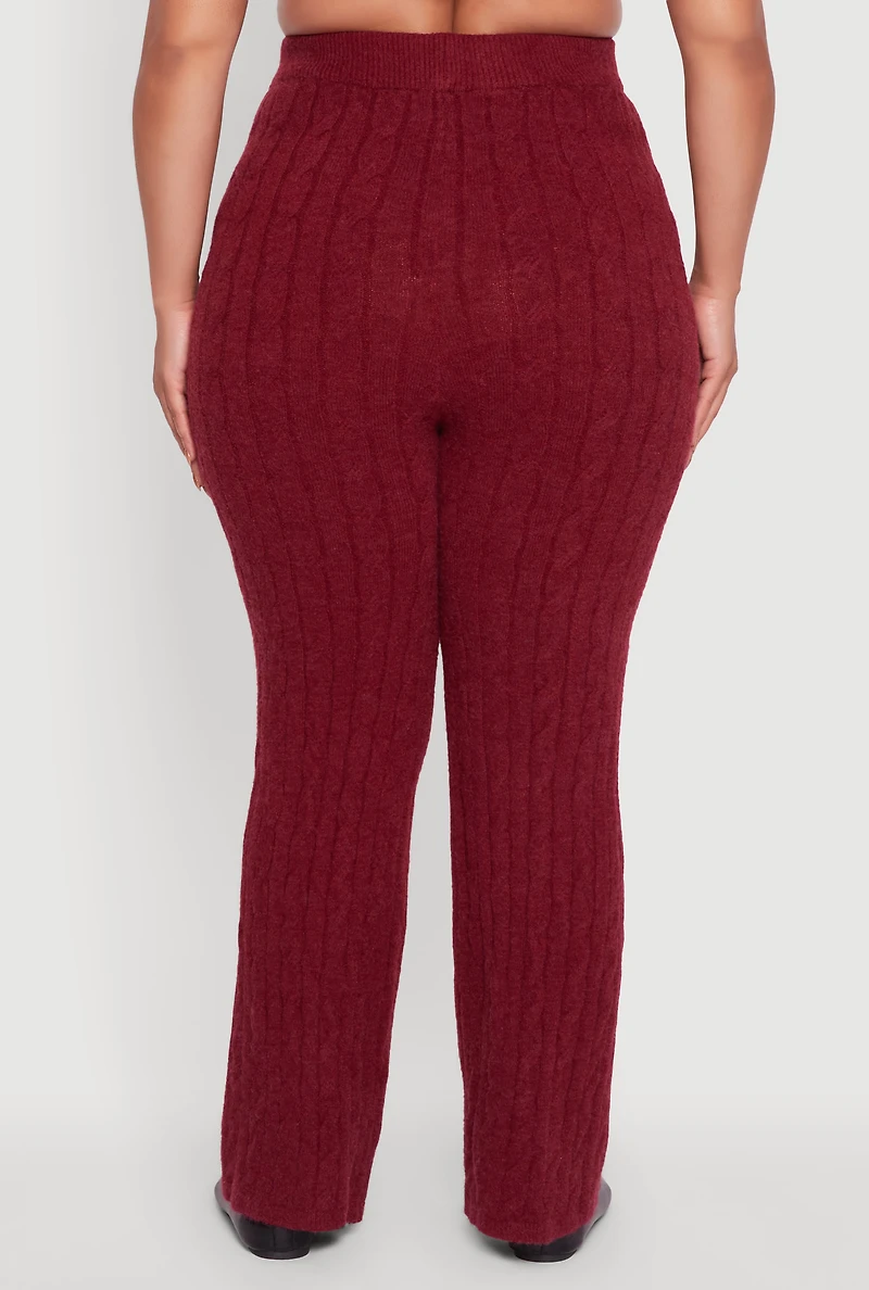 Womens Plus Size High Waisted Cable Knit Pants, Burgundy, Size 2X