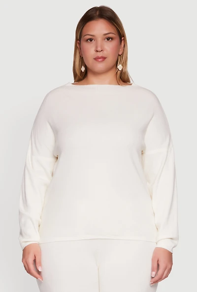 Womens Plus Boat Neck Pullover Sweater, White,