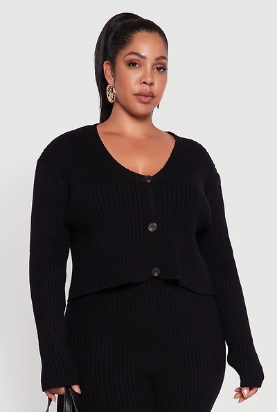 Womens Plus Size Ribbed Knit V Neck Button Front Cardigan, Black, Size 1X