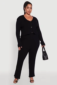 Womens Plus Size Ribbed Knit V Neck Button Front Cardigan, Black, Size 1X