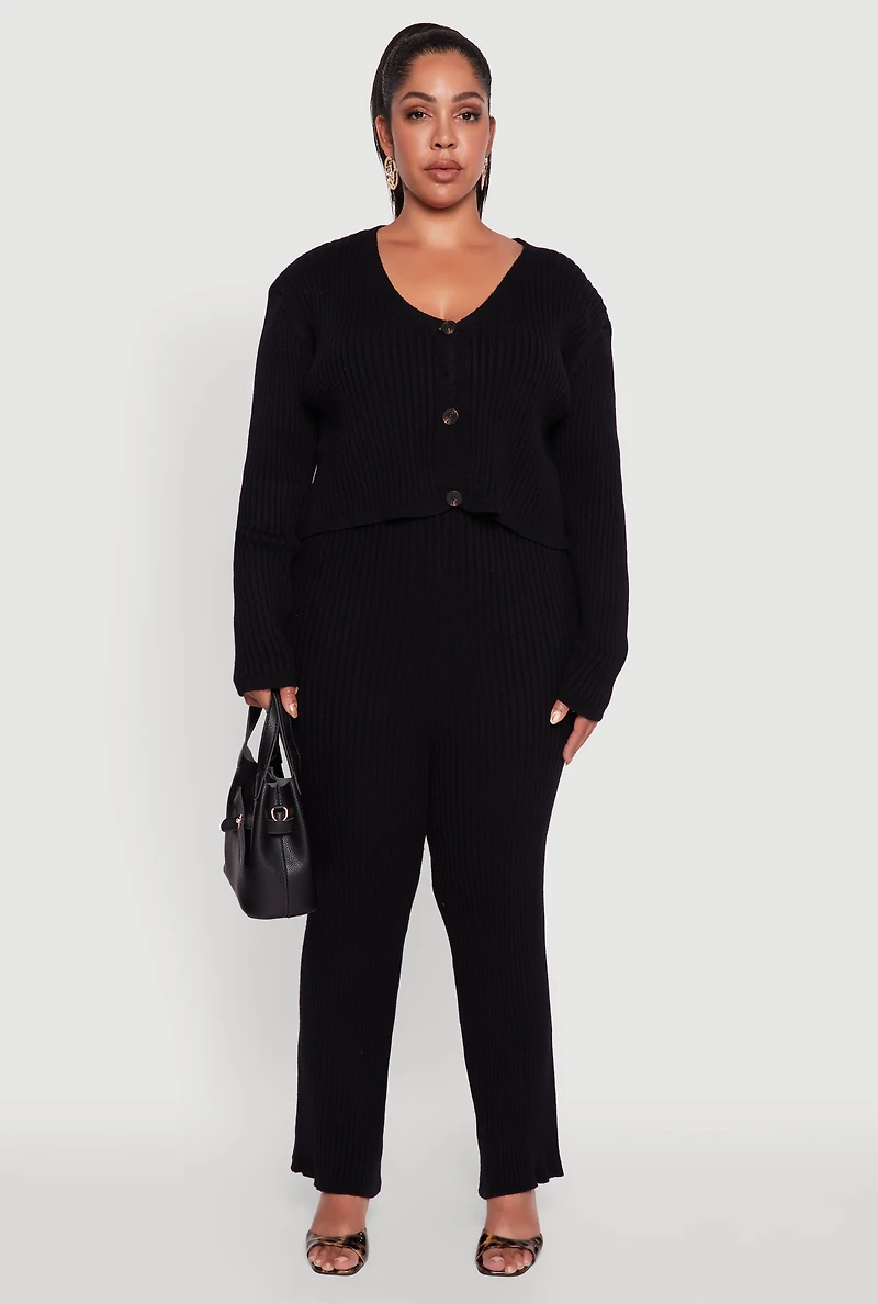 Womens Plus Size Ribbed Knit V Neck Button Front Cardigan, Black, Size 1X