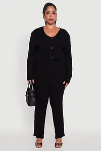 Womens Plus Size Ribbed Knit V Neck Button Front Cardigan, Black, Size 1X