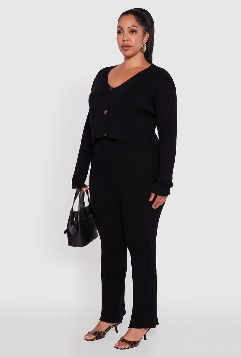 Womens Plus Size Ribbed Knit V Neck Button Front Cardigan, Black, Size 1X