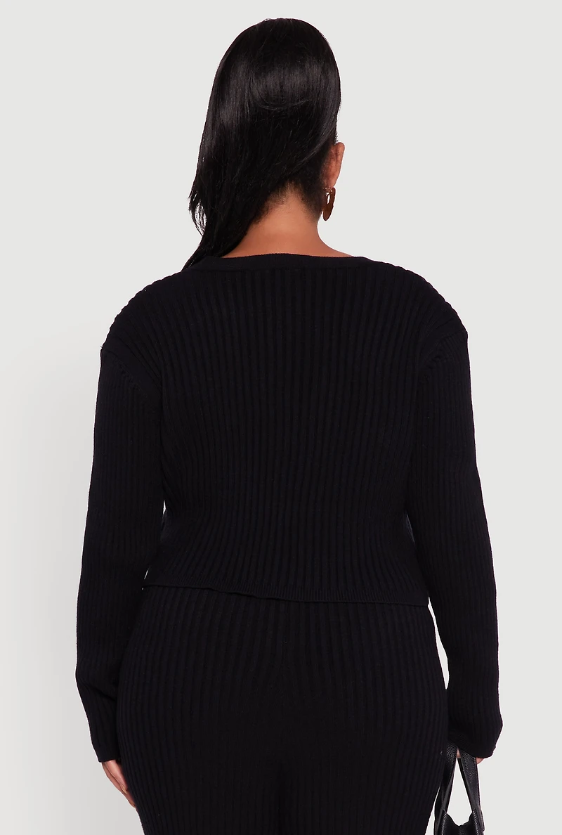 Womens Plus Size Ribbed Knit V Neck Button Front Cardigan, Black, Size 1X