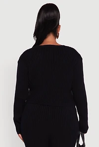 Womens Plus Size Ribbed Knit V Neck Button Front Cardigan, Black, Size 1X