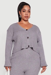 Plus Ribbed Knit V Neck Button Front Cardigan