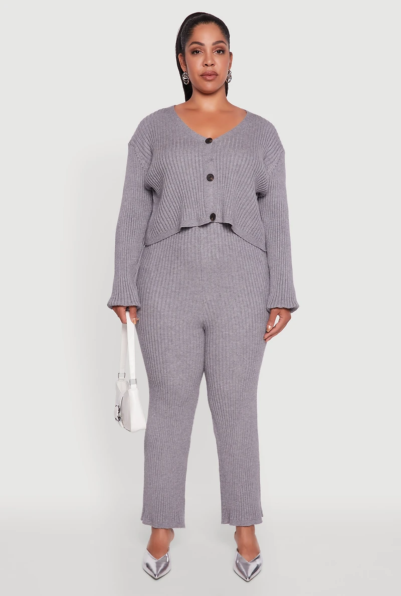 Plus Ribbed Knit V Neck Button Front Cardigan