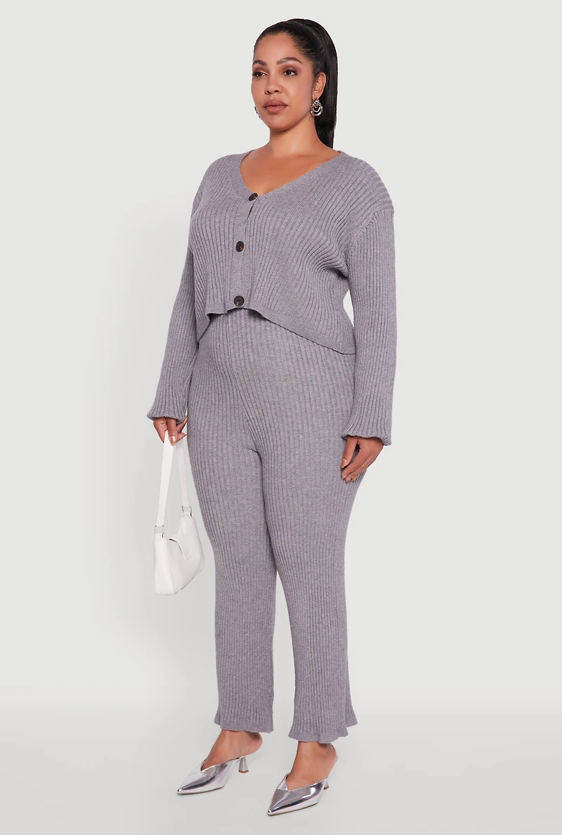 Womens Plus Size Ribbed Knit V Neck Button Front Cardigan, Grey, Size 1X