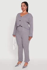 Womens Plus Size Ribbed Knit V Neck Button Front Cardigan, Grey, Size 1X