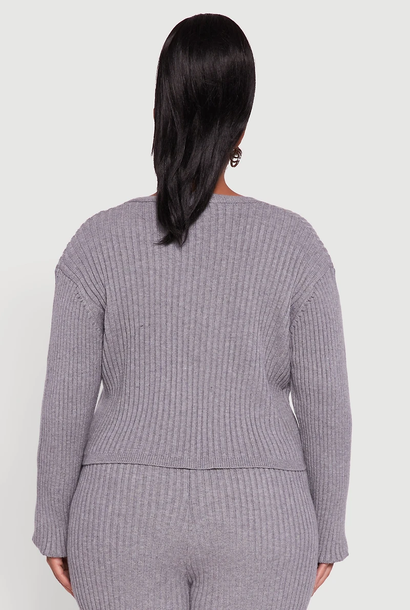 Womens Plus Size Ribbed Knit V Neck Button Front Cardigan, Grey, Size 1X