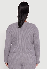 Womens Plus Size Ribbed Knit V Neck Button Front Cardigan, Grey, Size 1X