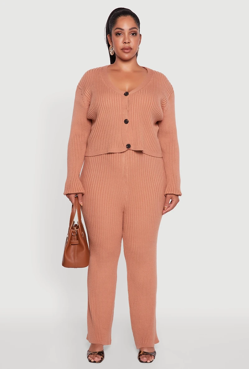 Womens Plus Size Ribbed Knit V Neck Button Front Cardigan, Brown, Size 3X