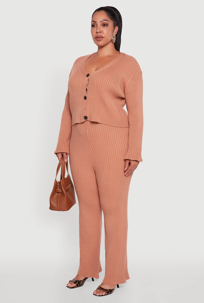 Womens Plus Size Ribbed Knit V Neck Button Front Cardigan, Brown, Size 2X