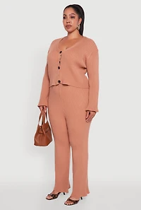 Womens Plus Size Ribbed Knit V Neck Button Front Cardigan, Brown, Size 2X