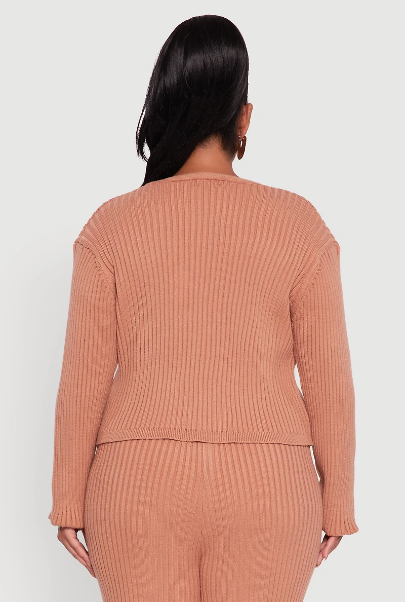 Womens Plus Size Ribbed Knit V Neck Button Front Cardigan, Brown, Size 3X