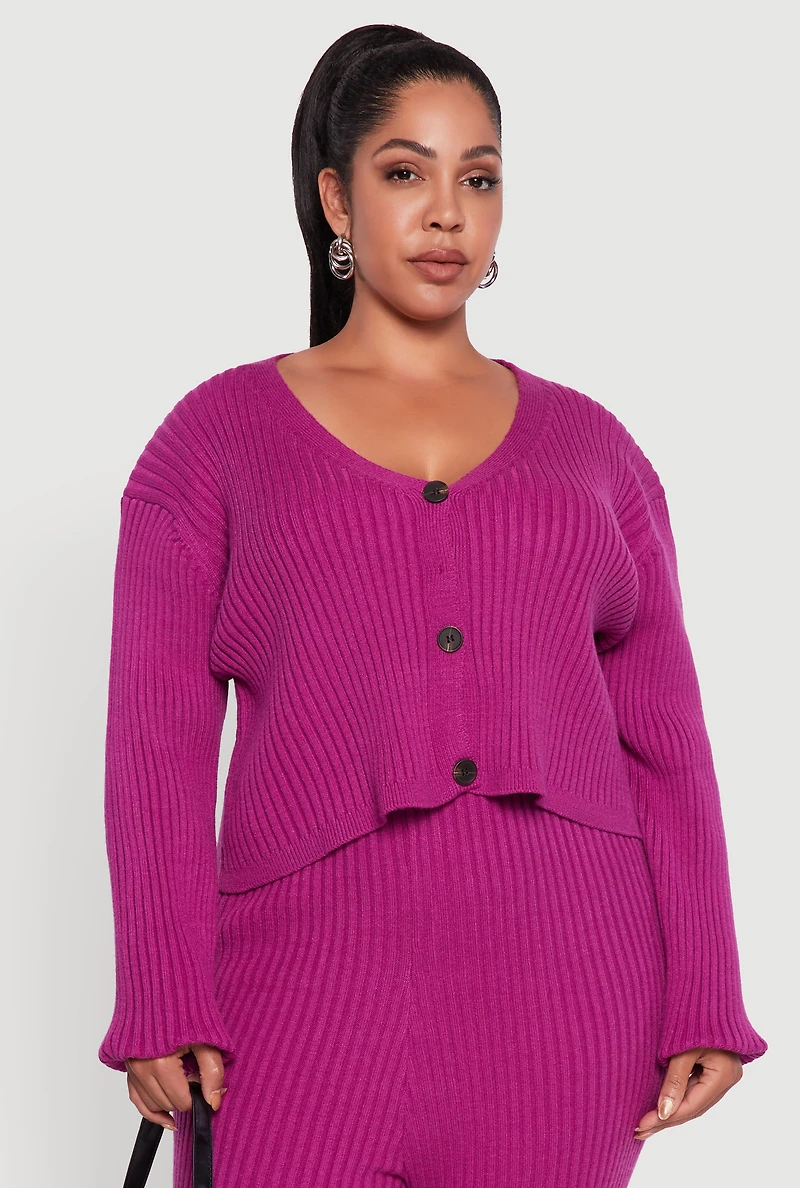 Plus Ribbed Knit V Neck Button Front Cardigan