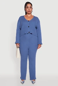 Womens Plus Size Ribbed Knit V Neck Button Front Cardigan, Blue, Size 2X