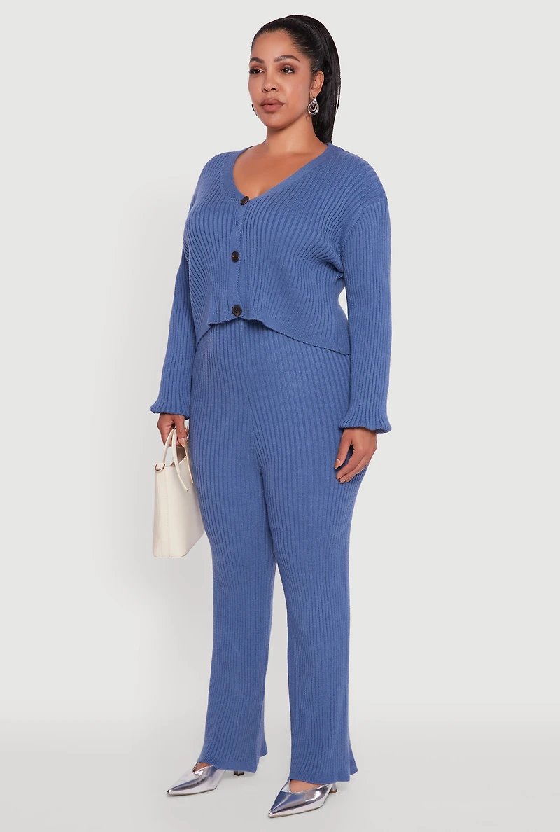 Womens Plus Size Ribbed Knit V Neck Button Front Cardigan, Blue, Size 2X