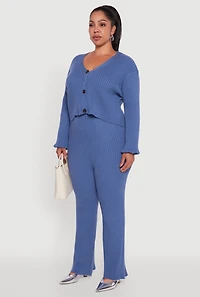 Womens Plus Size Ribbed Knit V Neck Button Front Cardigan, Blue, Size 2X