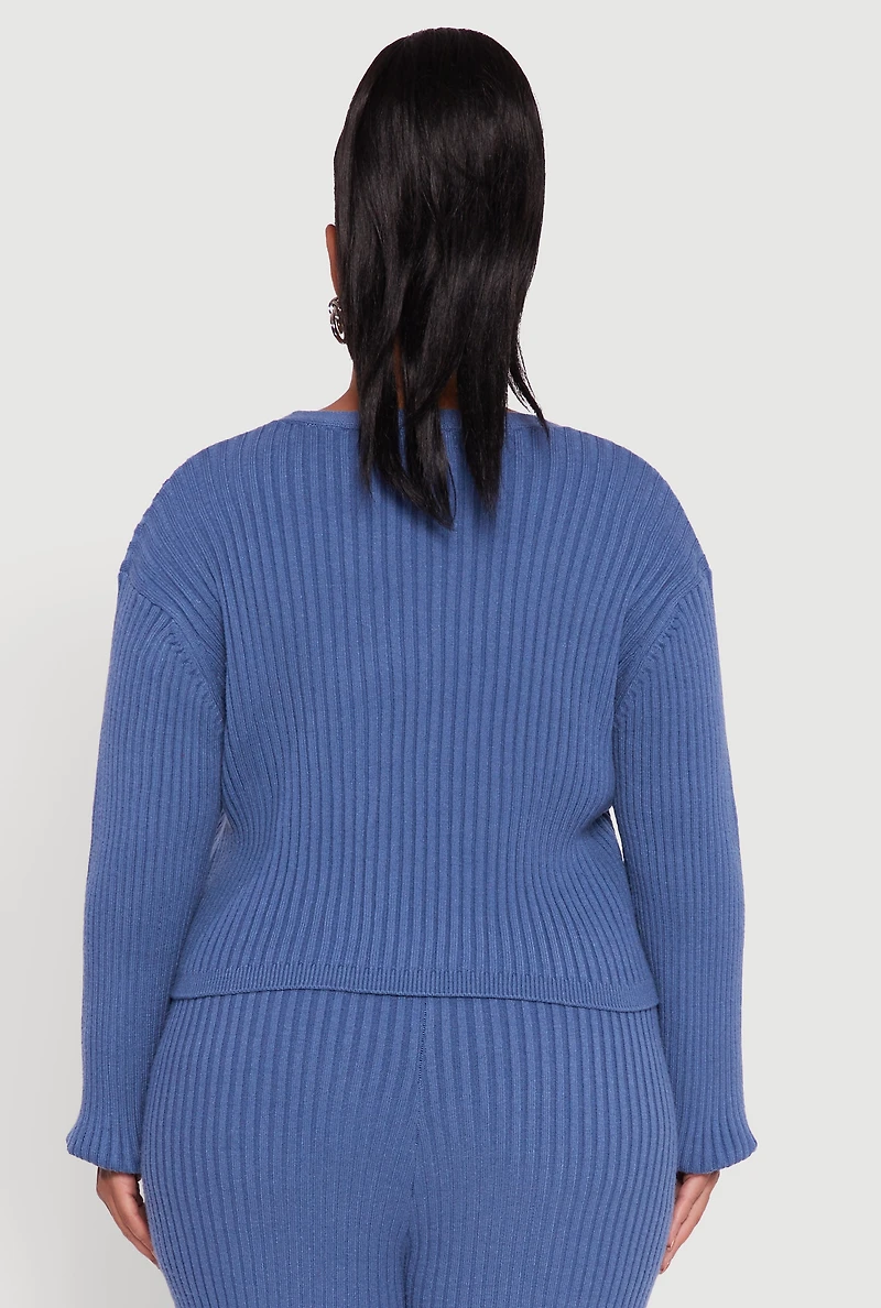 Womens Plus Size Ribbed Knit V Neck Button Front Cardigan, Blue, Size 2X