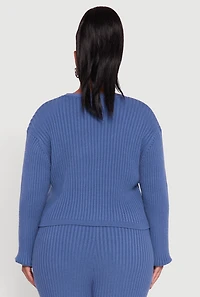 Womens Plus Size Ribbed Knit V Neck Button Front Cardigan, Blue, Size 2X