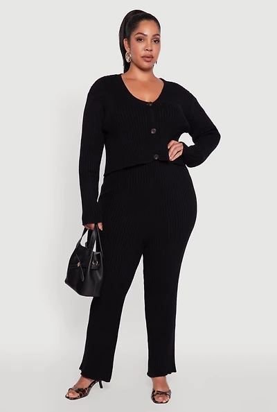 Womens Plus High Waisted Ribbed Knit Solid Straight Leg Pants,