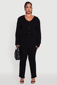 Womens Plus High Waisted Ribbed Knit Solid Straight Leg Pants,
