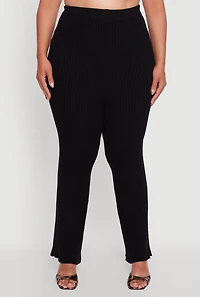 Womens Plus High Waisted Ribbed Knit Solid Straight Leg Pants,
