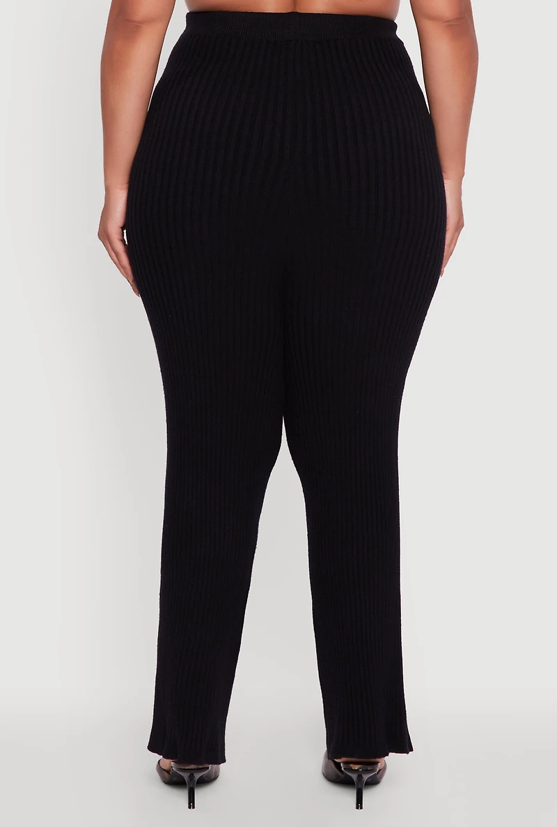 Womens Plus High Waisted Ribbed Knit Solid Straight Leg Pants,