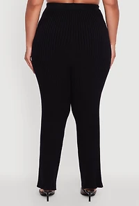 Womens Plus High Waisted Ribbed Knit Solid Straight Leg Pants,