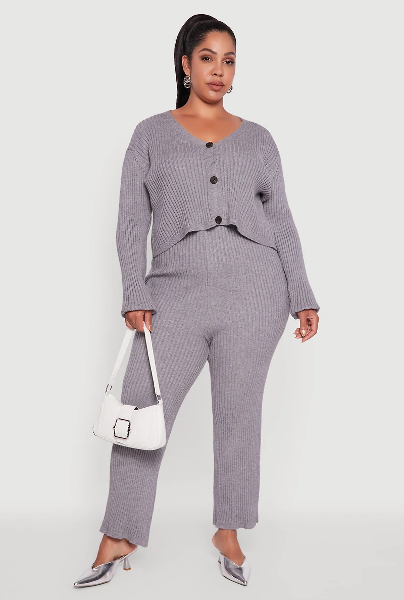 Womens Plus Size High Waisted Ribbed Knit Solid Straight Leg Pants, Grey, Size 2X