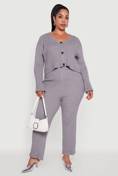 Plus High Waisted Ribbed Knit Solid Straight Leg Pants