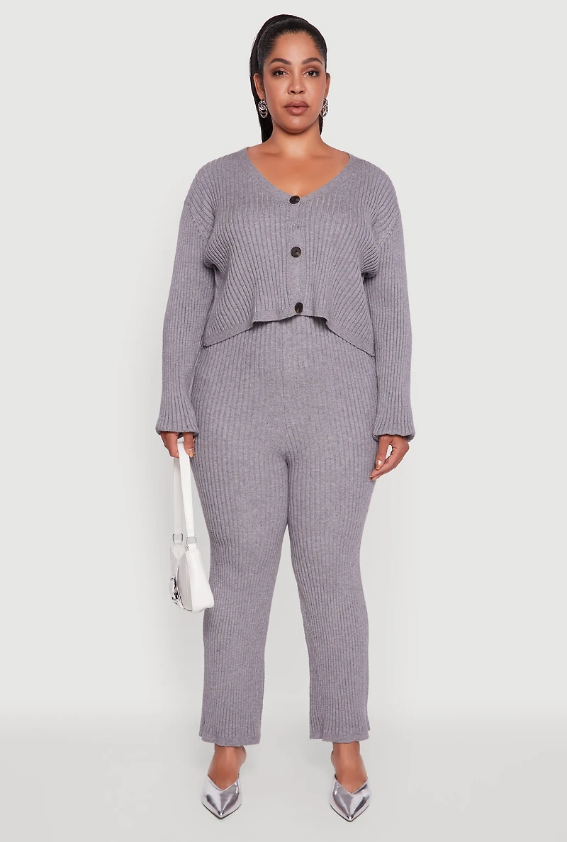 Womens Plus Size High Waisted Ribbed Knit Solid Straight Leg Pants, Grey, Size 2X