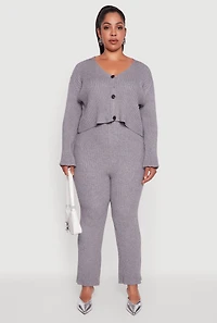 Womens Plus Size High Waisted Ribbed Knit Solid Straight Leg Pants, Grey, Size 2X