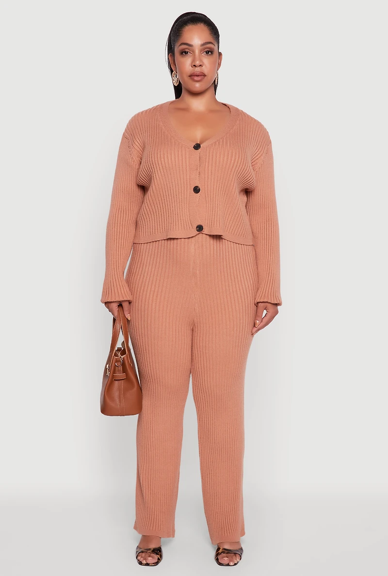 Womens Plus High Waisted Ribbed Knit Solid Straight Leg Pants,