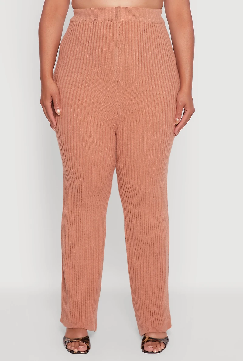 Plus High Waisted Ribbed Knit Solid Straight Leg Pants