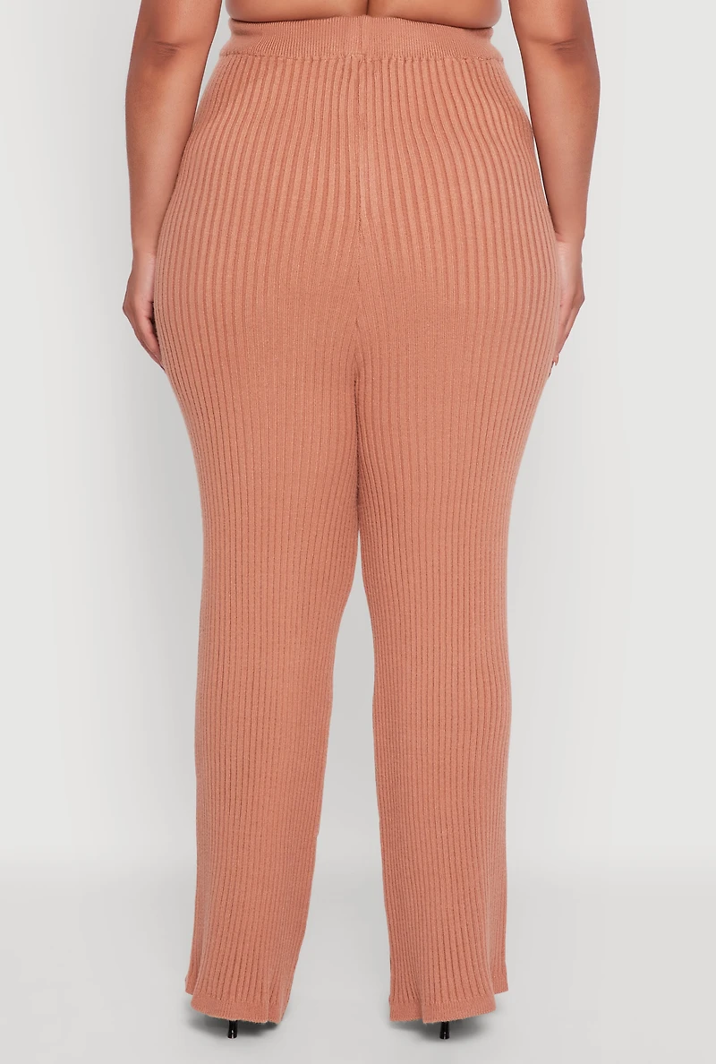 Womens Plus High Waisted Ribbed Knit Solid Straight Leg Pants,