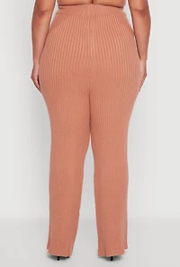 Plus High Waisted Ribbed Knit Solid Straight Leg Pants