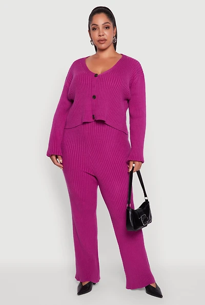 Womens Plus High Waisted Ribbed Knit Solid Straight Leg Pants, Purple,