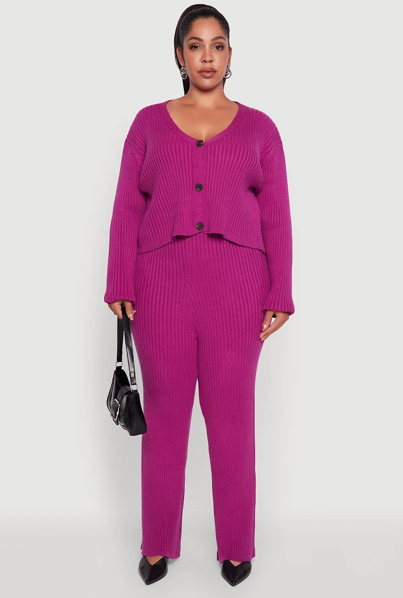 Womens Plus High Waisted Ribbed Knit Solid Straight Leg Pants, Purple,