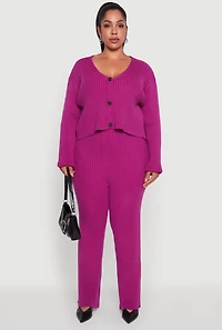 Womens Plus High Waisted Ribbed Knit Solid Straight Leg Pants, Purple,