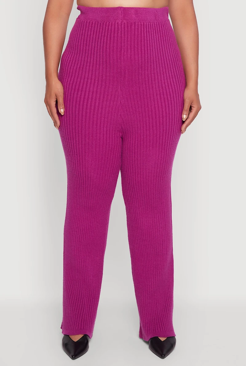 Womens Plus High Waisted Ribbed Knit Solid Straight Leg Pants, Purple,