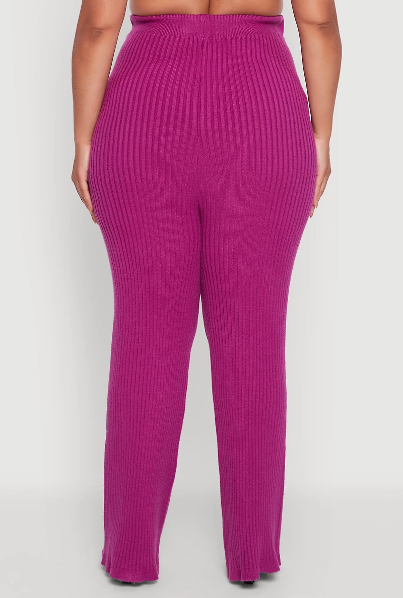 Womens Plus High Waisted Ribbed Knit Solid Straight Leg Pants, Purple,