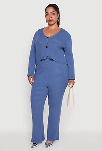 Womens Plus High Waisted Ribbed Knit Solid Straight Leg Pants,