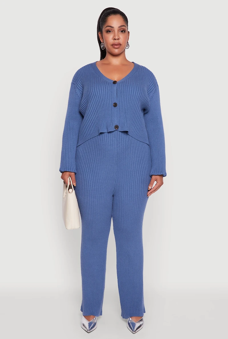 Womens Plus High Waisted Ribbed Knit Solid Straight Leg Pants,