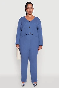 Womens Plus High Waisted Ribbed Knit Solid Straight Leg Pants,