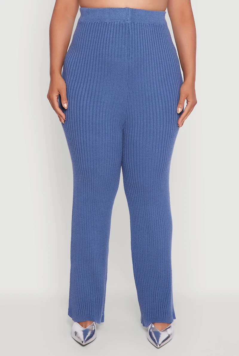 Womens Plus High Waisted Ribbed Knit Solid Straight Leg Pants,
