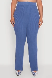 Womens Plus High Waisted Ribbed Knit Solid Straight Leg Pants,