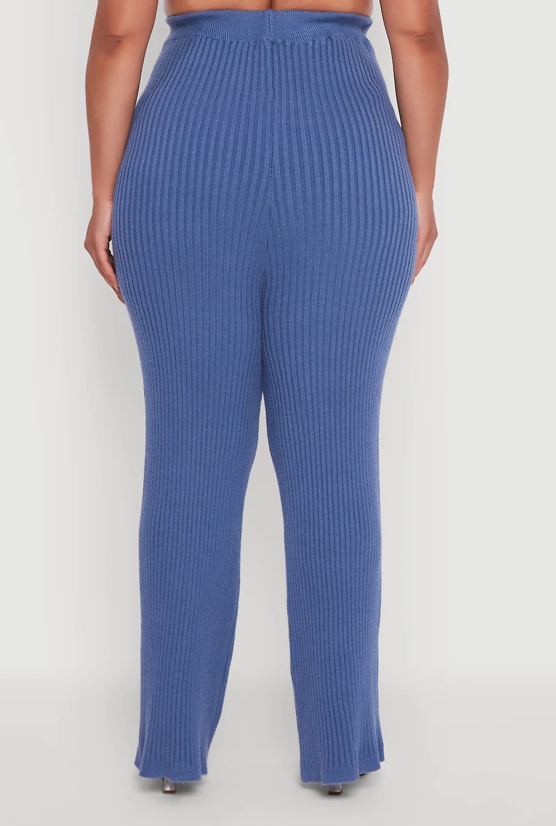 Womens Plus High Waisted Ribbed Knit Solid Straight Leg Pants,